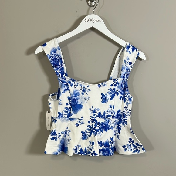 Anthropologie Maeve Square Neck Peplum Tank Top Blue White Pattern Sz L NEW - Picture 4 of 11